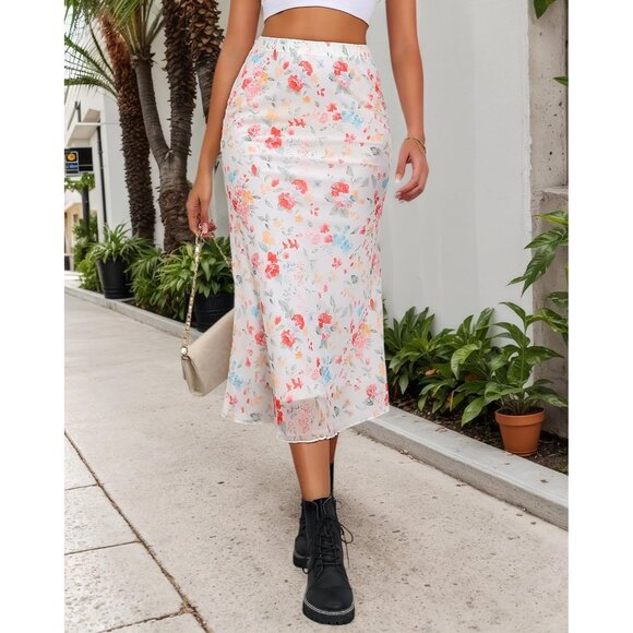 Y2K Inspired Women's Mesh Midi Skirt - Floral Print & Elastic High Waist Design - Picture 5 of 7